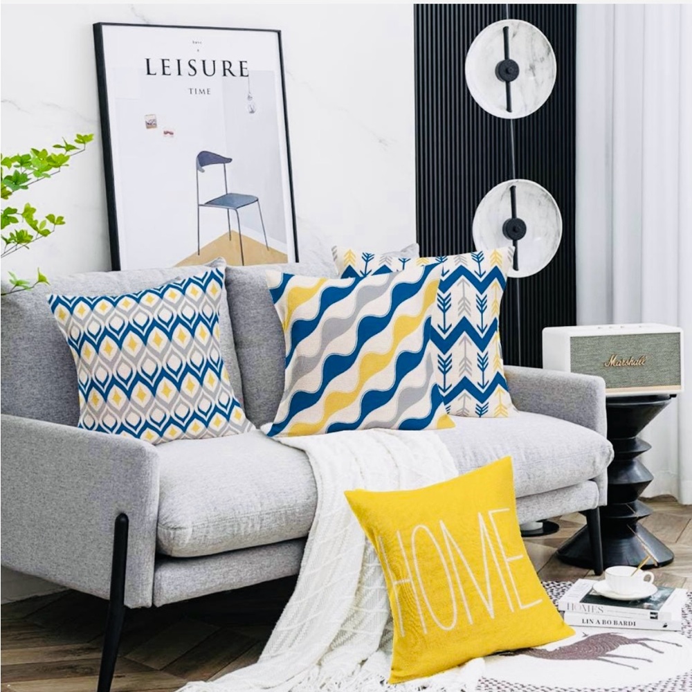 Geometric Set of 4 Throw Pillow Covers Blue Yellow Grey NEW - Picture 2 of 12